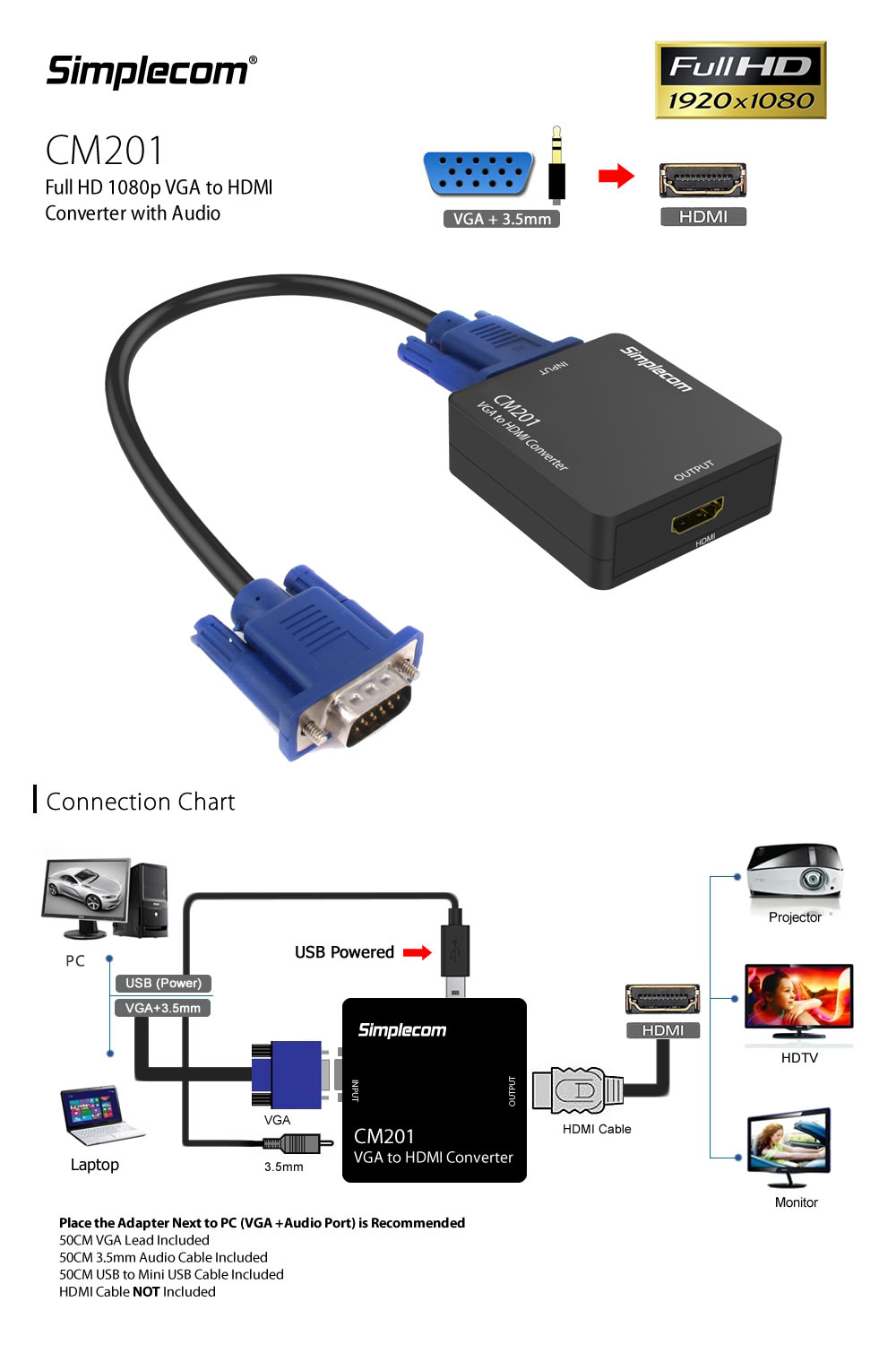 Simplecom CM201 Full HD 1080p VGA to HDMI Converter with Audio 1