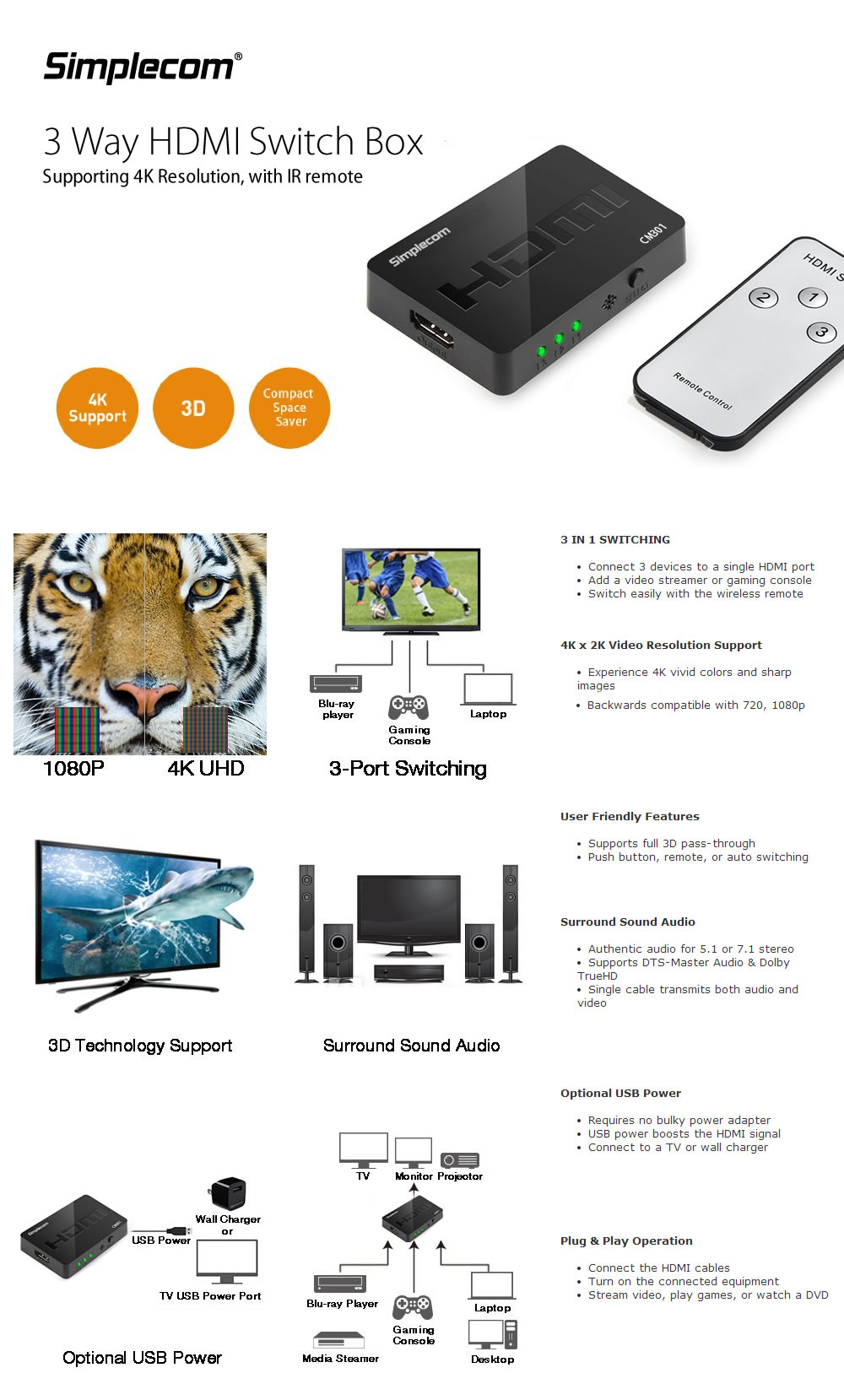 Simplecom CM301 Ultra HD 4K 1080p 3 Way HDMI Switch with IR Remote 1