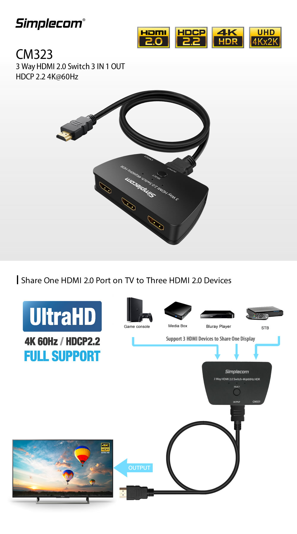 Simplecom CM323 3 Way HDMI 2.0 Switch 3 In 1 Out Splitter HDCP 2.2 4K @60Hz UHD HDR 1