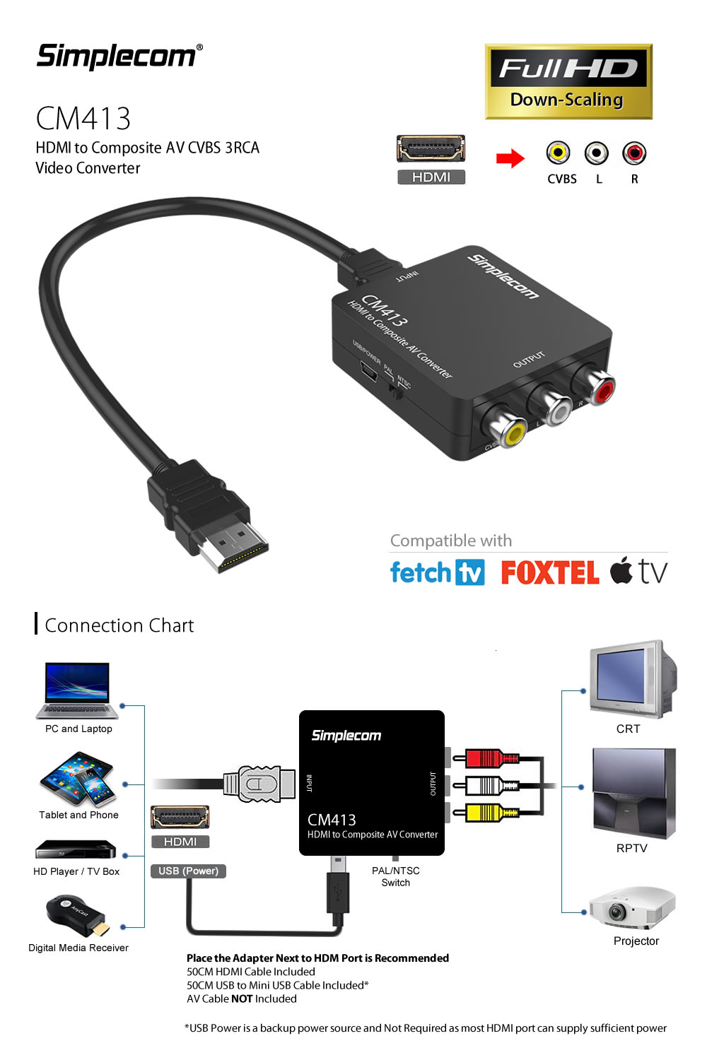 Simplecom CM413 HDMI to Composite AV CVBS 3RCA Video Converter 1080p Downscaling 1