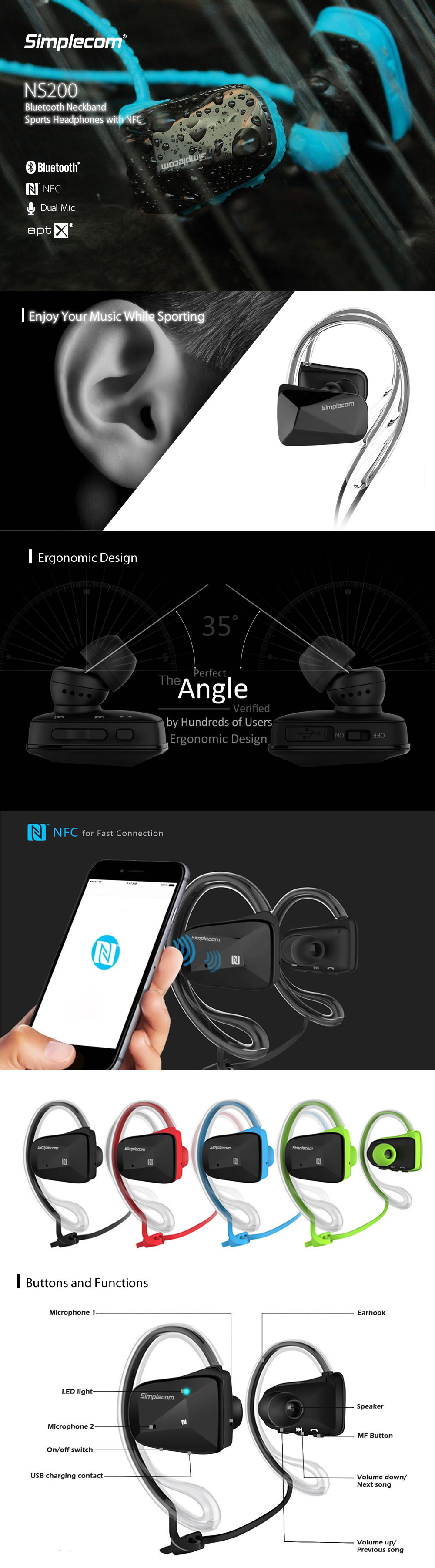 Simplecom NS200 Bluetooth Neckband Sports Headphones with NFC Green 1