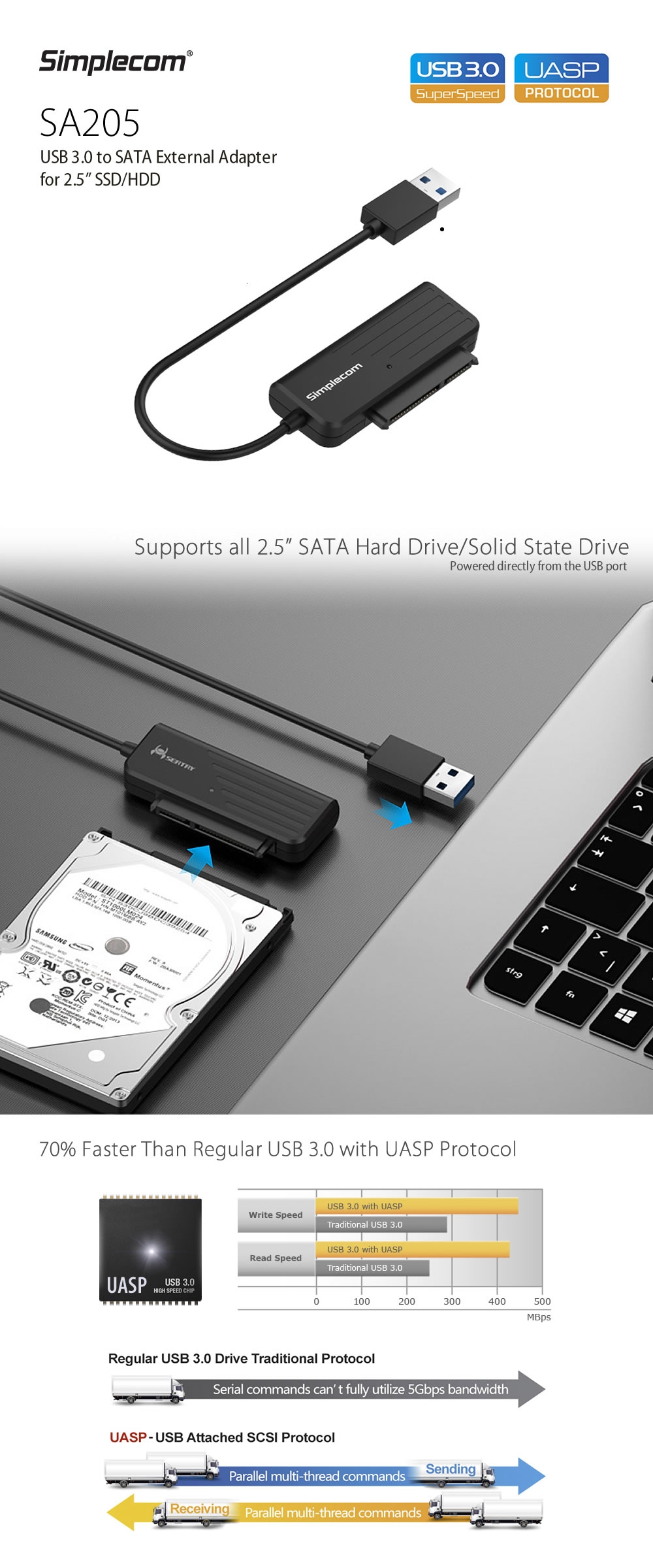 Simplecom SA205 Compact USB 3.0 to SATA Adapter Cable Converter for 2.5" SSD/HDD 1
