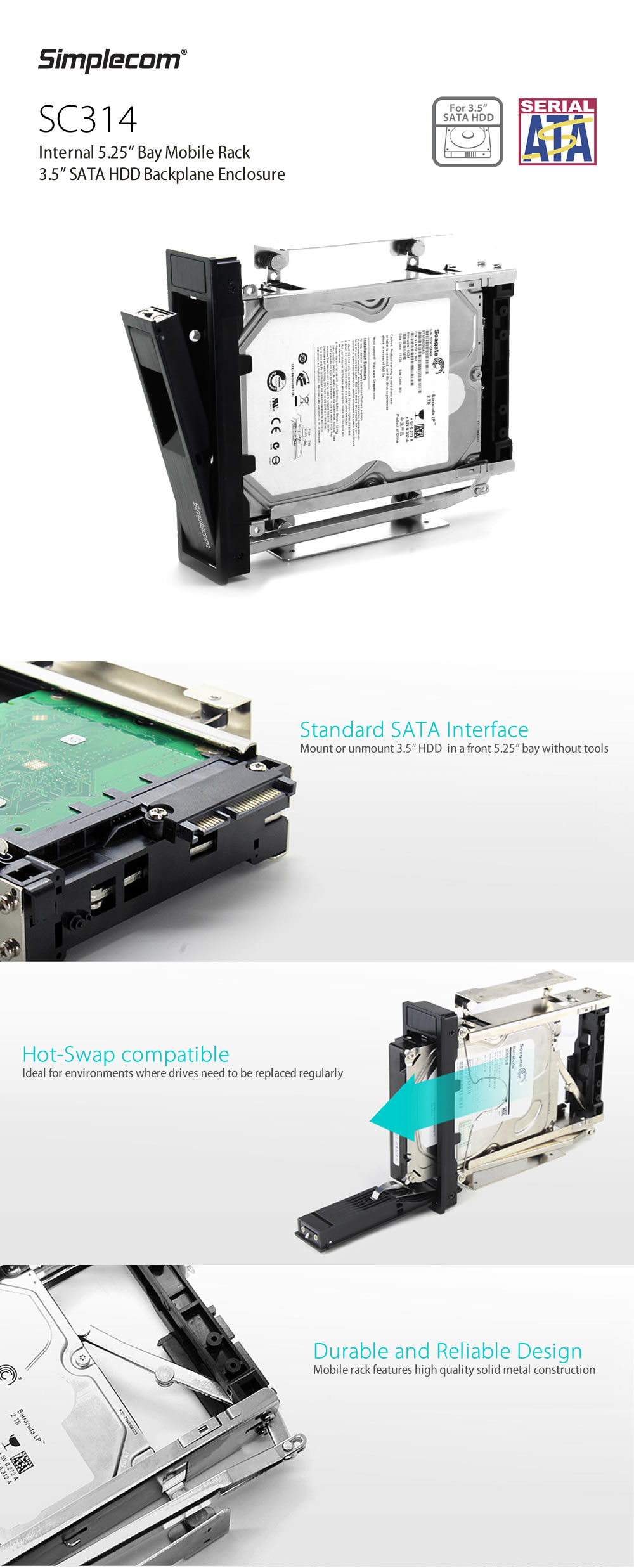 Simplecom SC314 Internal 5.25" Bay Mobile Rack 3.5" SATA HDD Backplane Enclosure 1