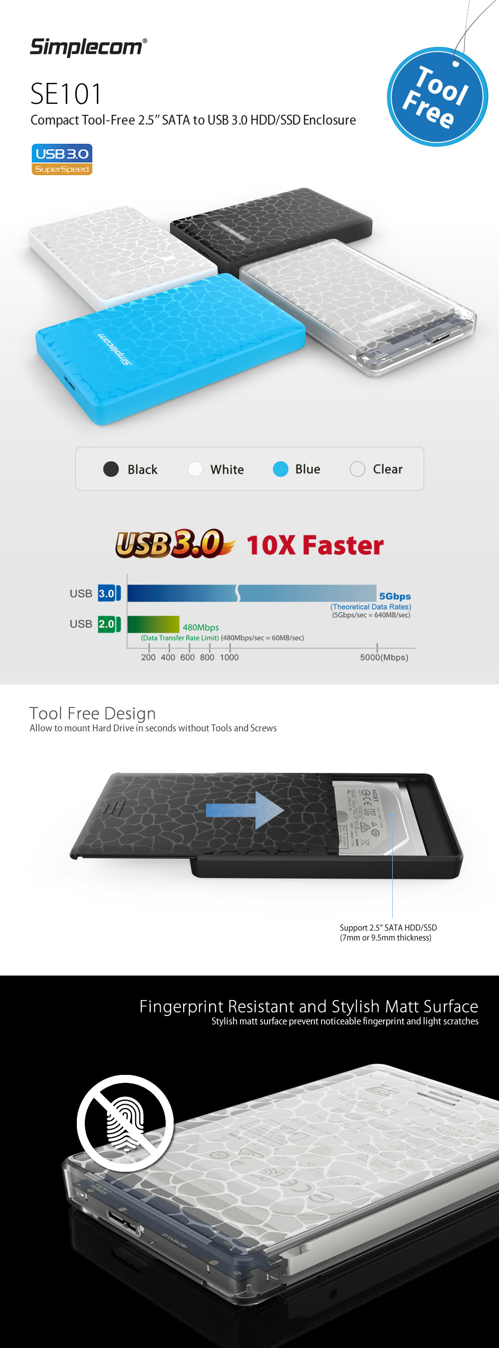 Simplecom SE101 Compact Tool-Free 2.5'' SATA to USB 3.0 HDD/SSD Enclosure Transparent Clear 1