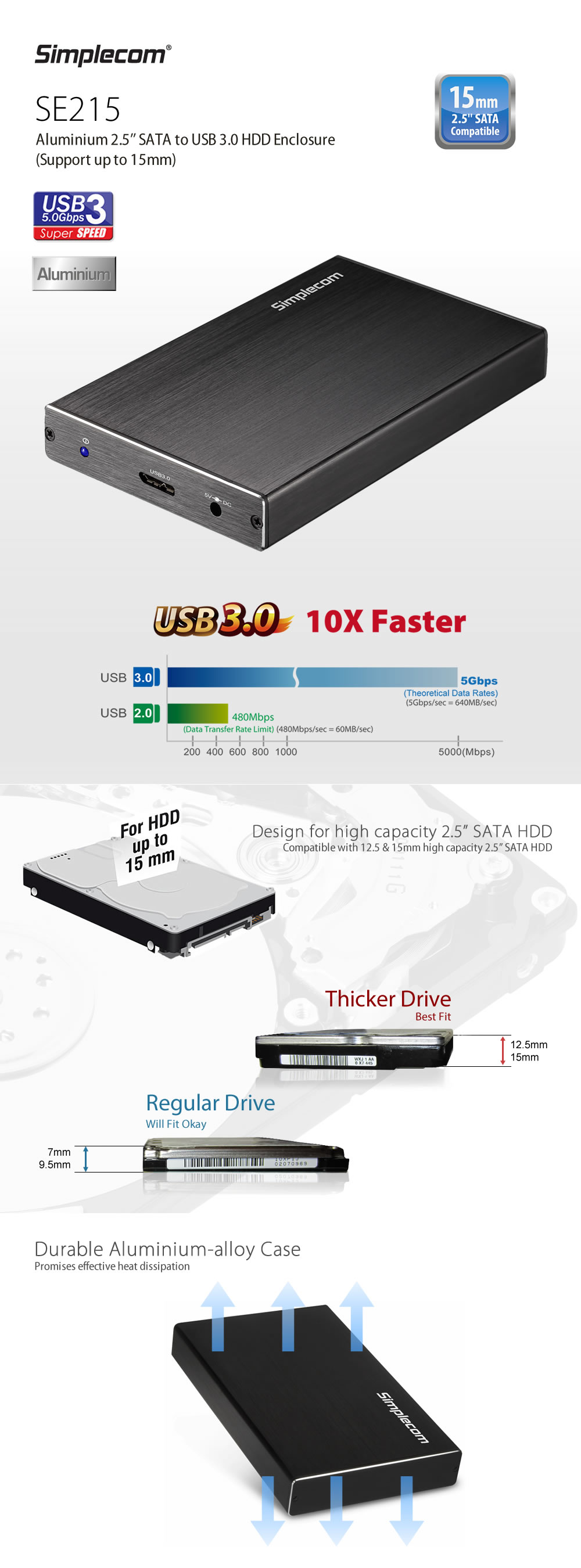 Simplecom SE215 Aluminium 2.5'' SATA to USB 3.0 HDD Enclosure 