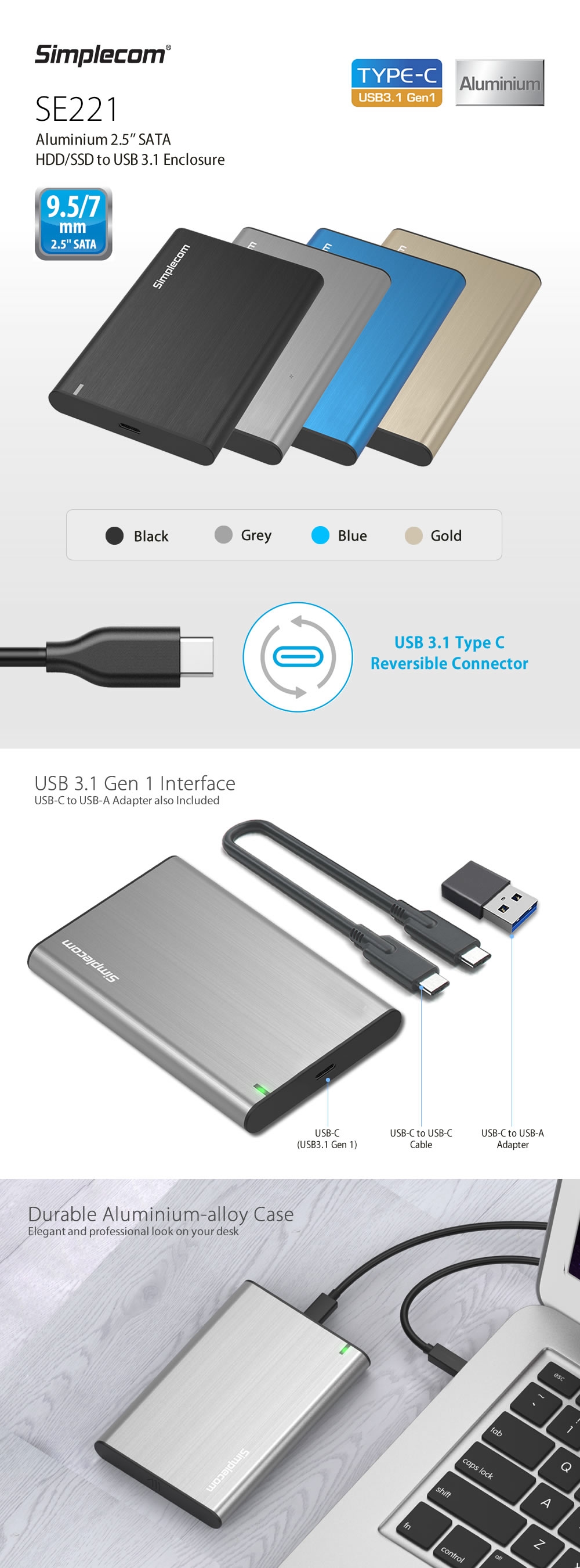 Simplecom SE221 Aluminium 2.5'' SATA HDD/SSD to USB 3.1 Enclosure Gold 1