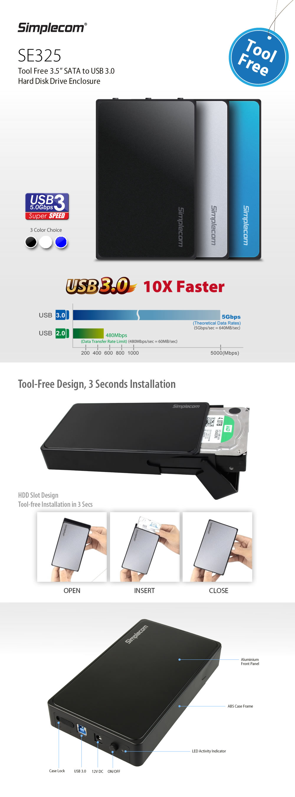 Simplecom 3.5" SATA HDD to USB 3.0 Hard Drive Enclosure  SE325 Tool Free