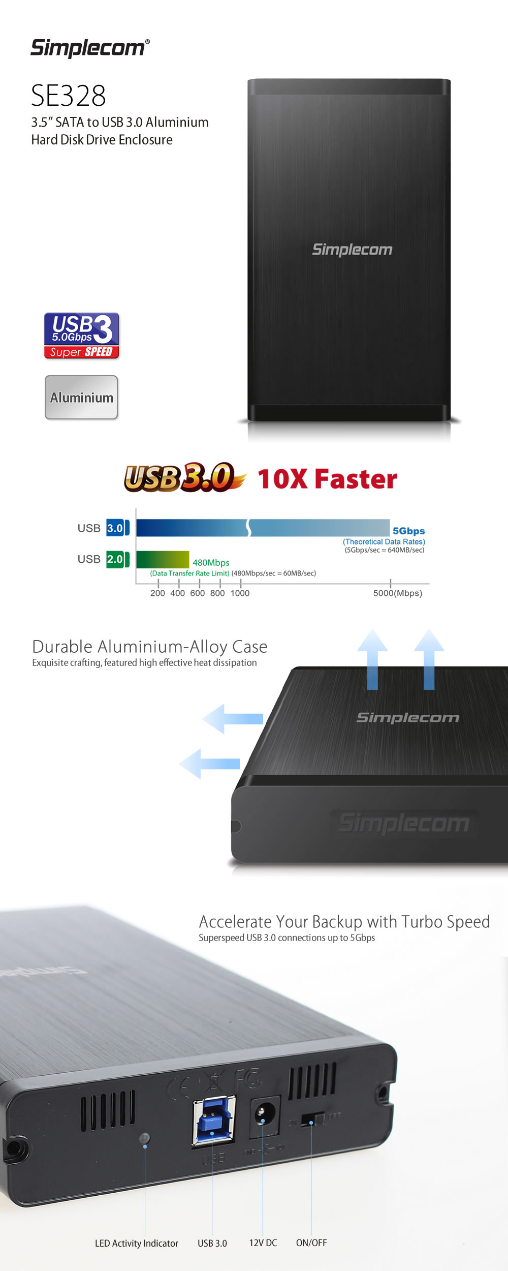 Simplecom SE328 3.5'' SATA to USB 3.0 Full Aluminium Hard Drive Enclosure 1