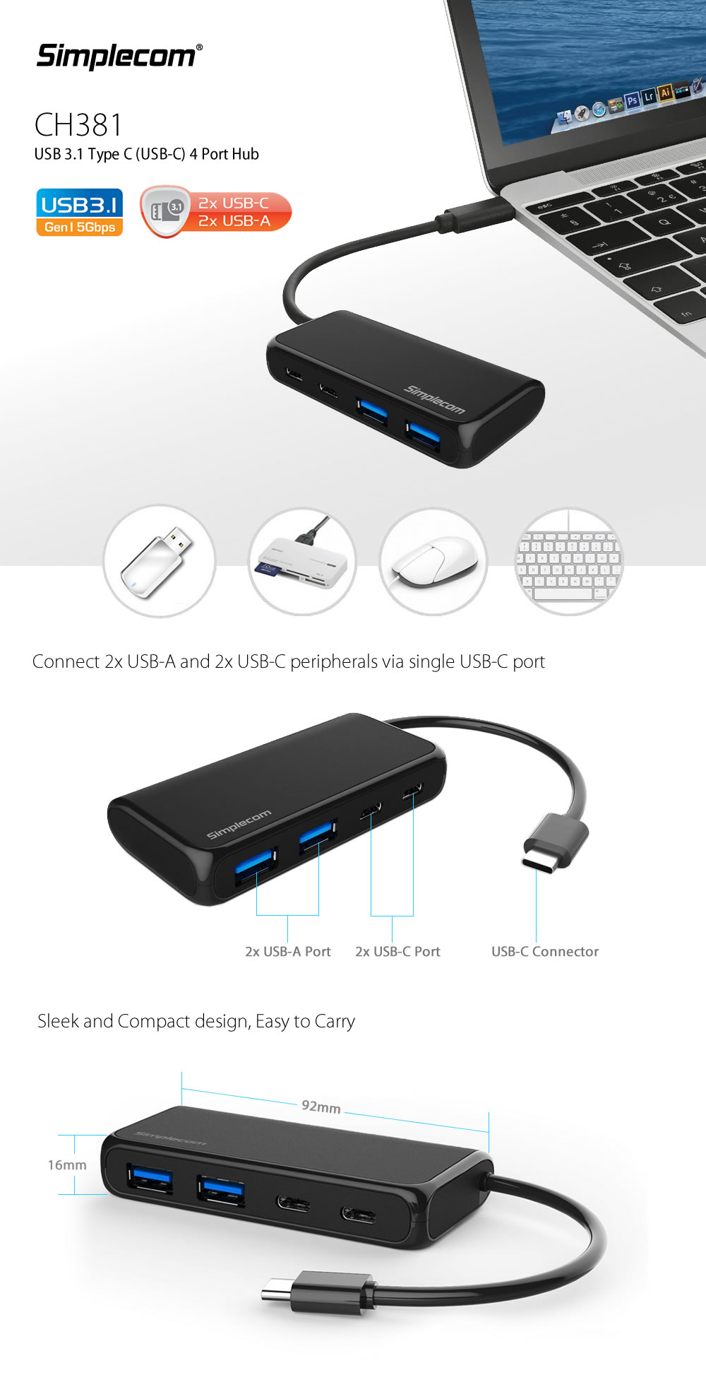 Simplecom CH381 USB 3.1 Type C (USB-C) 4 Port Hub (2x USB-A and 2x USB-C) 1