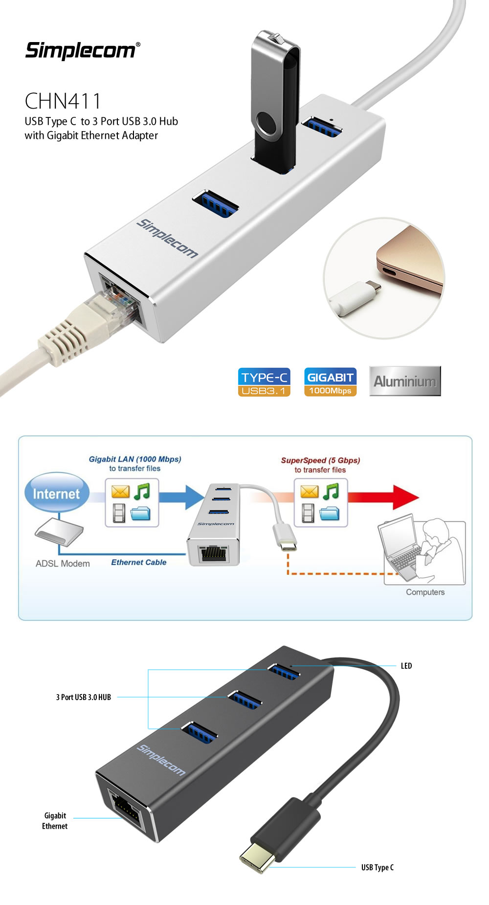 Simplecom CHN411 Aluminium USB Type C to 3 Port USB 3.0 Hub with Gigabit Ethernet Adapter Silver 1
