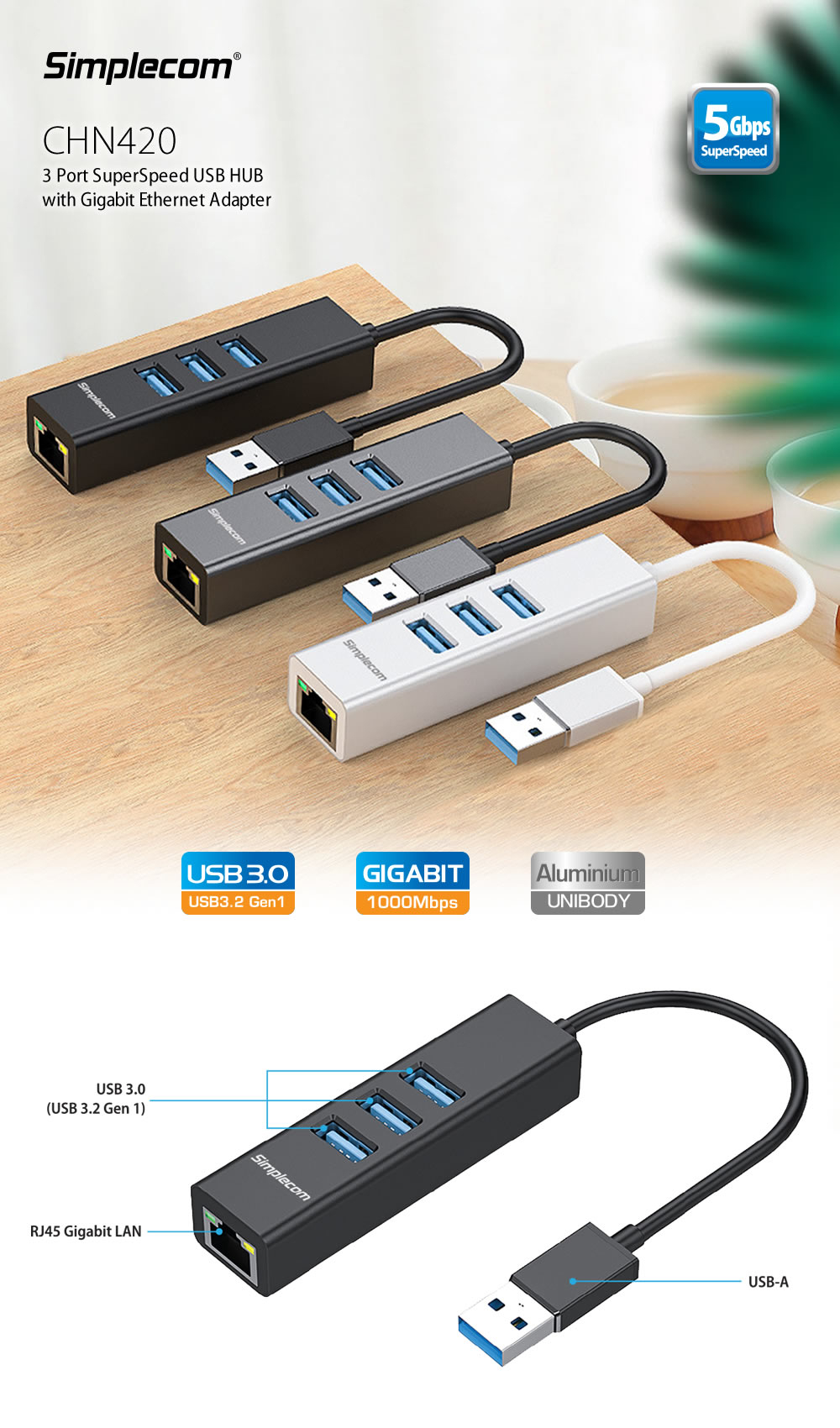 Simplecom CHN420 Aluminium 3 Port SuperSpeed USB HUB with Gigabit Ethernet Adapter Silver 26