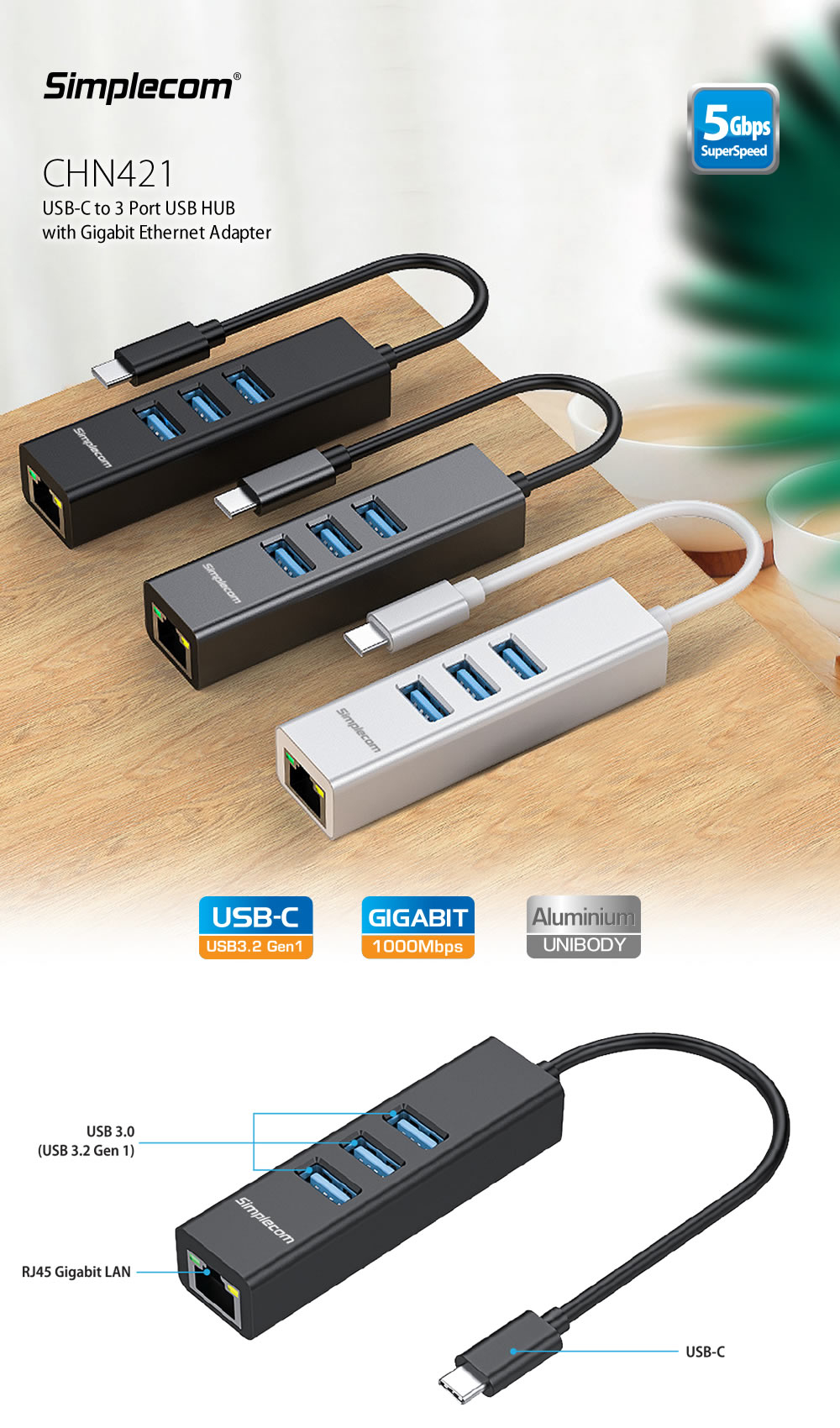 Simplecom CHN421 Aluminium USB-C to 3 Port USB HUB with Gigabit Ethernet Adapter Silver 1