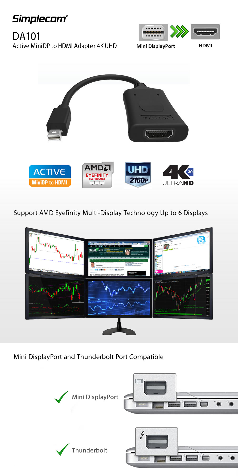 Simplecom DA101 Active MiniDP to HDMI Adapter 4K UHD (Thunderbolt and Eyefinity Compatible) 1