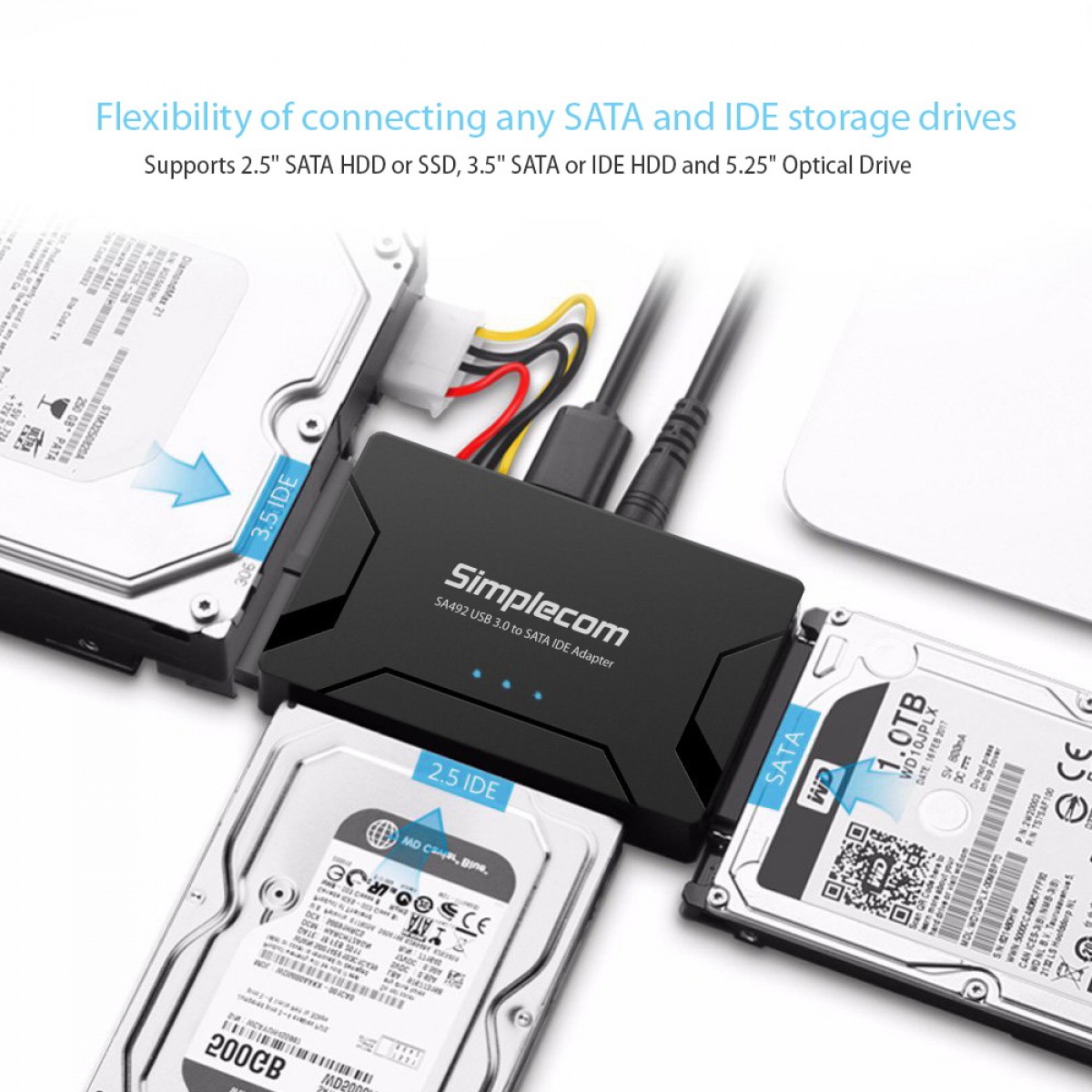 spild væk skole illoyalitet Simplecom SA492 USB 3.0 to 2.5", 3.5", 5.25" SATA IDE Adapter with Power  Supply