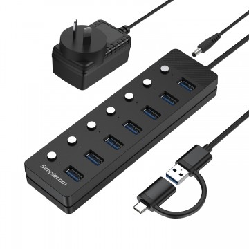 Simplecom CH375C USB-A and USB-C to 7-Port USB 3.0 Hub 5Gbps Individual Switches and Power Adapter