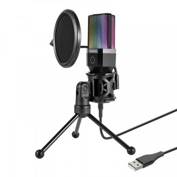Simplecom UM650 USB Cardioid Condenser Microphone Gaming RGB Lights with Tripod & Pop Filter 