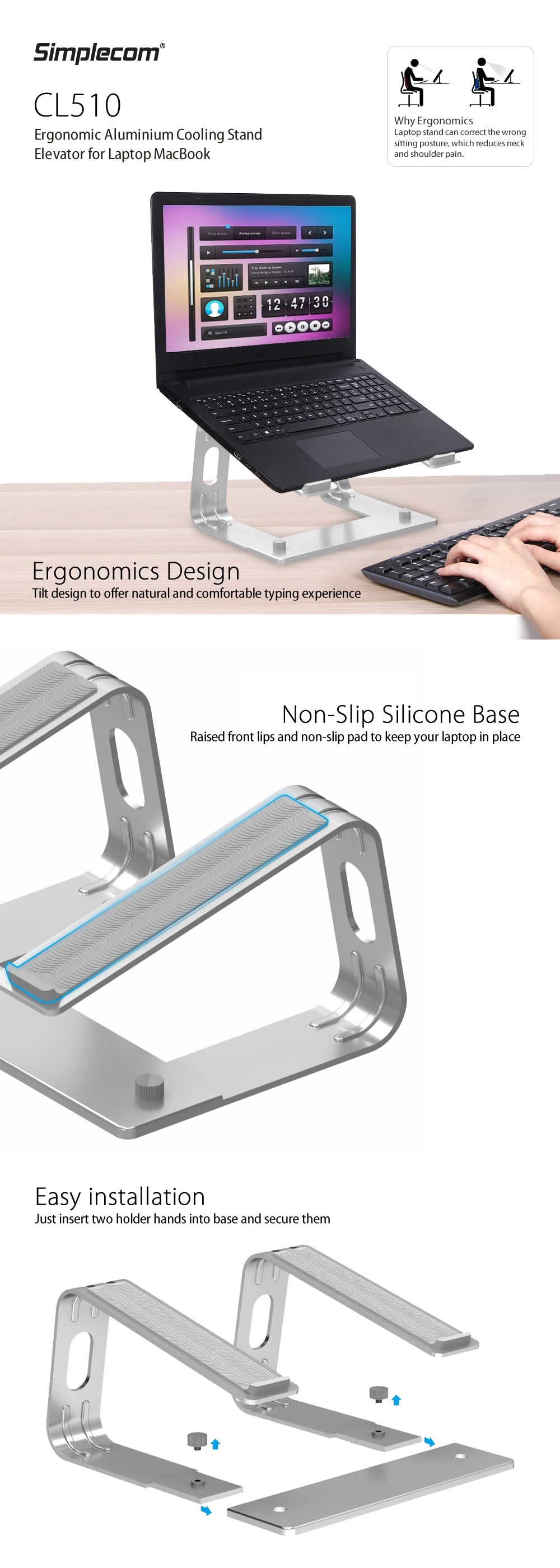 Simplecom CL510 Ergonomic Aluminium Cooling Stand Elevator for Laptop MacBook 1