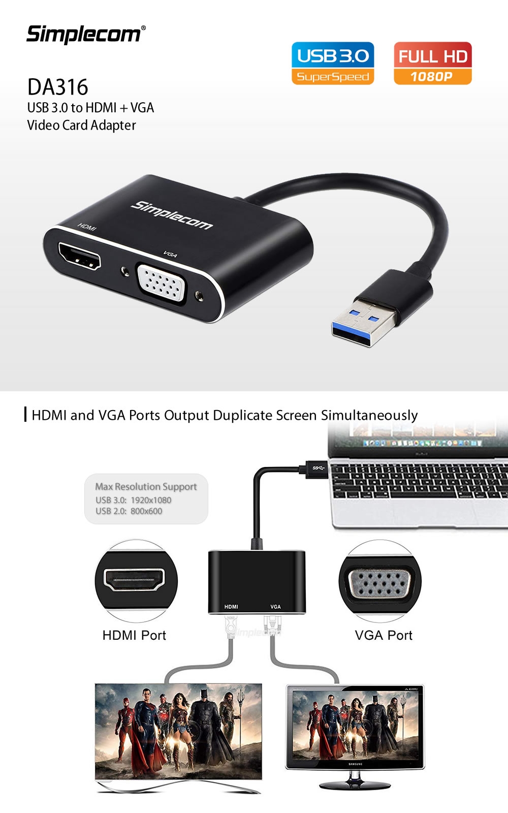Simplecom DA316 USB 3.0 to HDMI + VGA Video Card Adapter Full HD 1080p 1