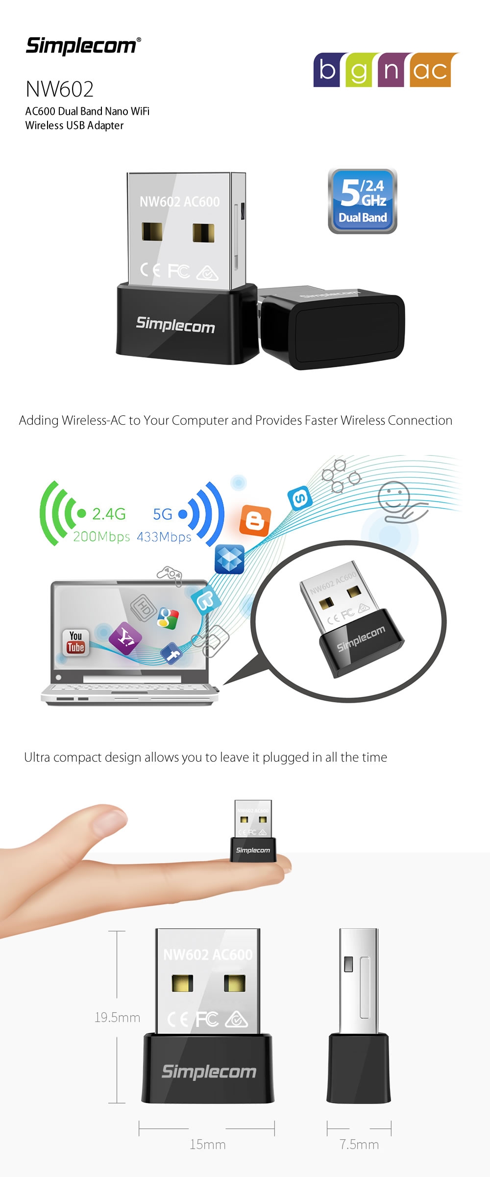 Simplecom NW602 AC600 Dual Band Nano USB WiFi Wireless Adapter 1