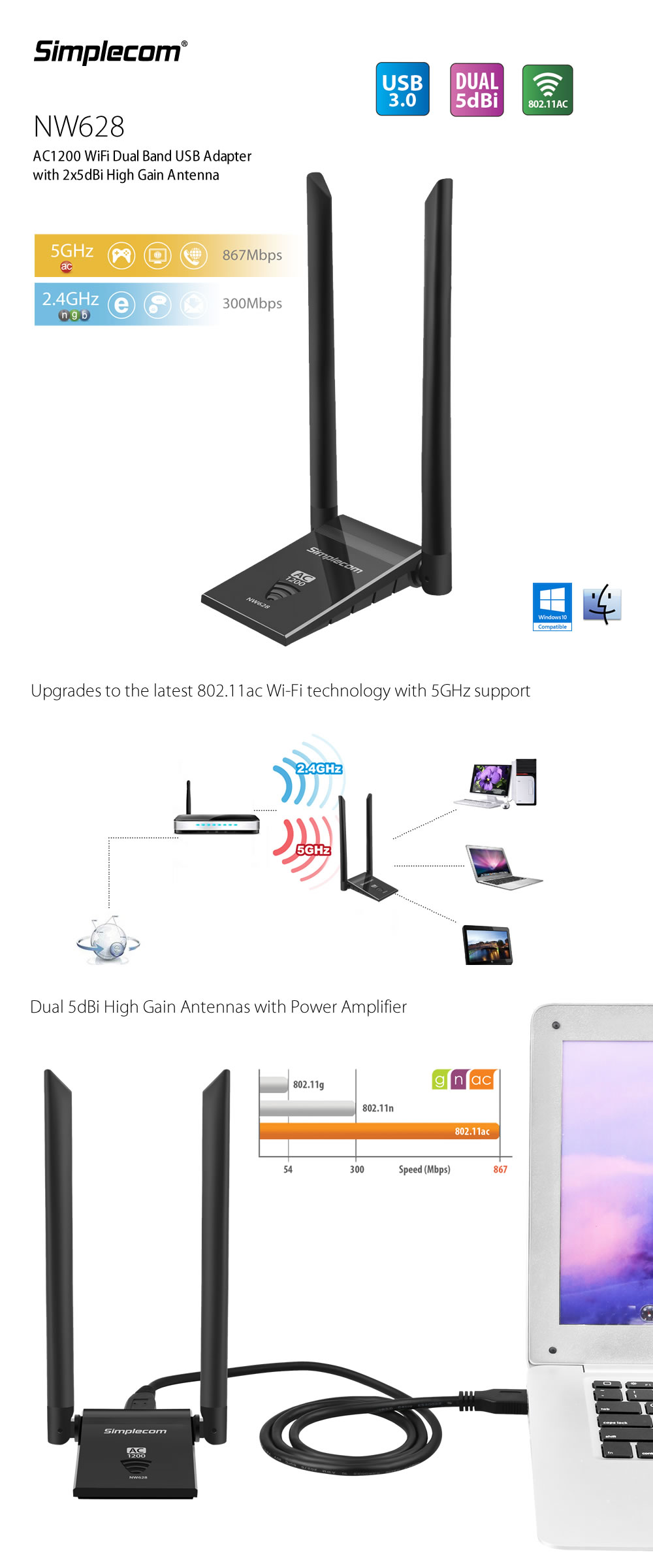 Simplecom NW628 AC1200 WiFi Dual Band USB3.0 Adapter with 2x 5dBi High Gain Antennas 1