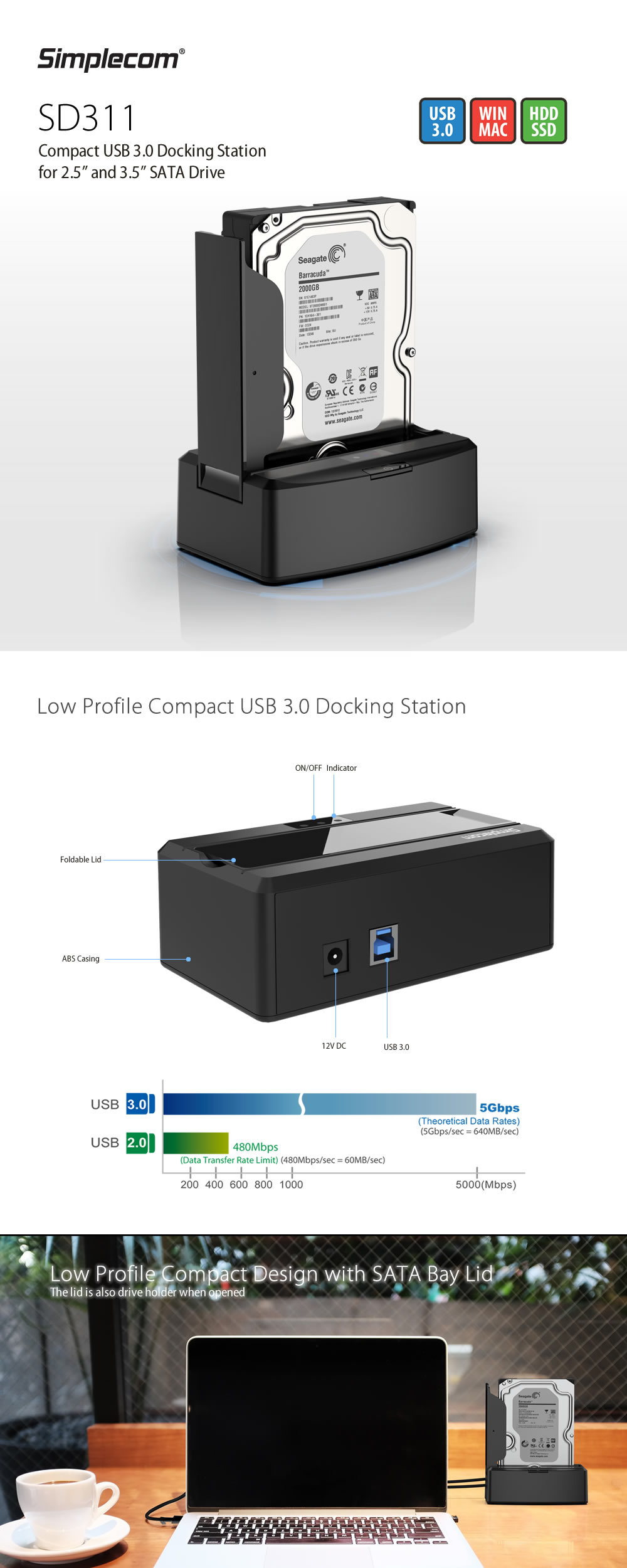 Simplecom SD311 USB 3.0 Docking Station with Lid for 2.5" and 3.5" SATA Drive Black 1