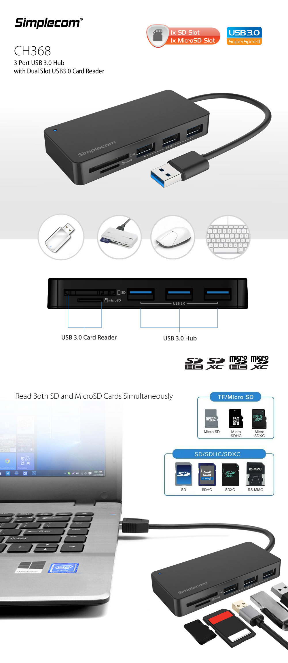 Simplecom CH368 3 Port USB 3.0 Hub with Dual Slot SD MicroSD Card Reader 1