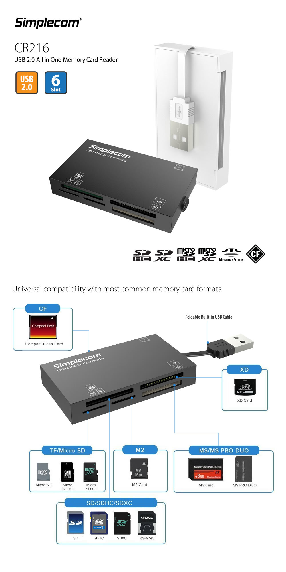 Simplecom Cr216 Usb 2.0 All In One Memory Card Reader 6 Slot