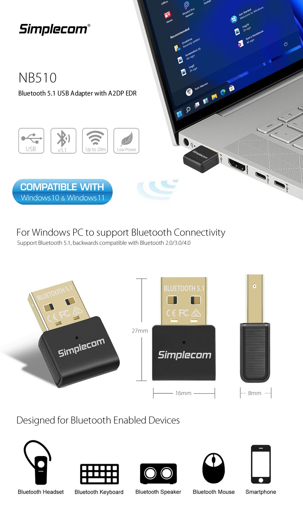 Simplecom NB530 USB Bluetooth 5.3 Adapter Wireless Dongle