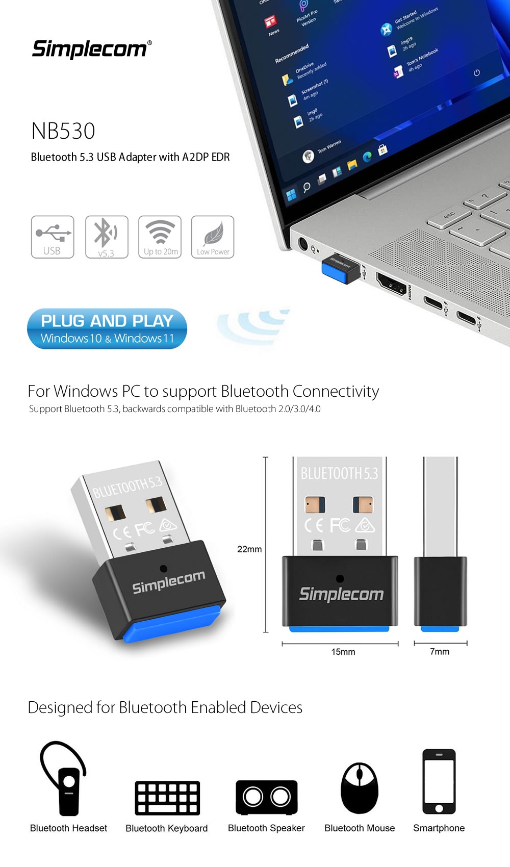 Simplecom NB530 USB Bluetooth 5.3 Adapter Wireless Dongle